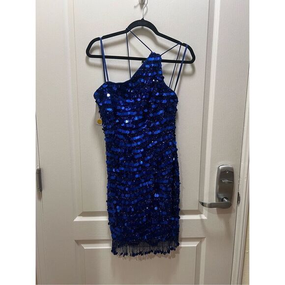 Liv Foster Sexy Beaded One shoulder Sequin Bodycon Dress in Royal Blue size 6 - Picture 1 of 4